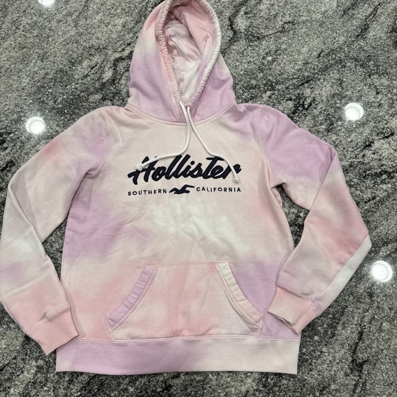 Hollister Tops - Hollister Women's Small Pink Tie Dye Spell Out Logo Hoodie Sweatshirt Top S #258